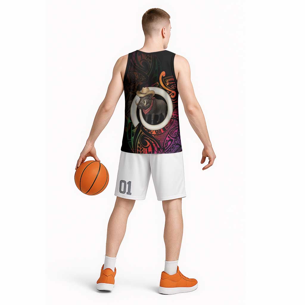 Vanuatu Boar Cowboy Basketball Jersey Tusk Gradient Polynesian Pattern - Polynesian Pride