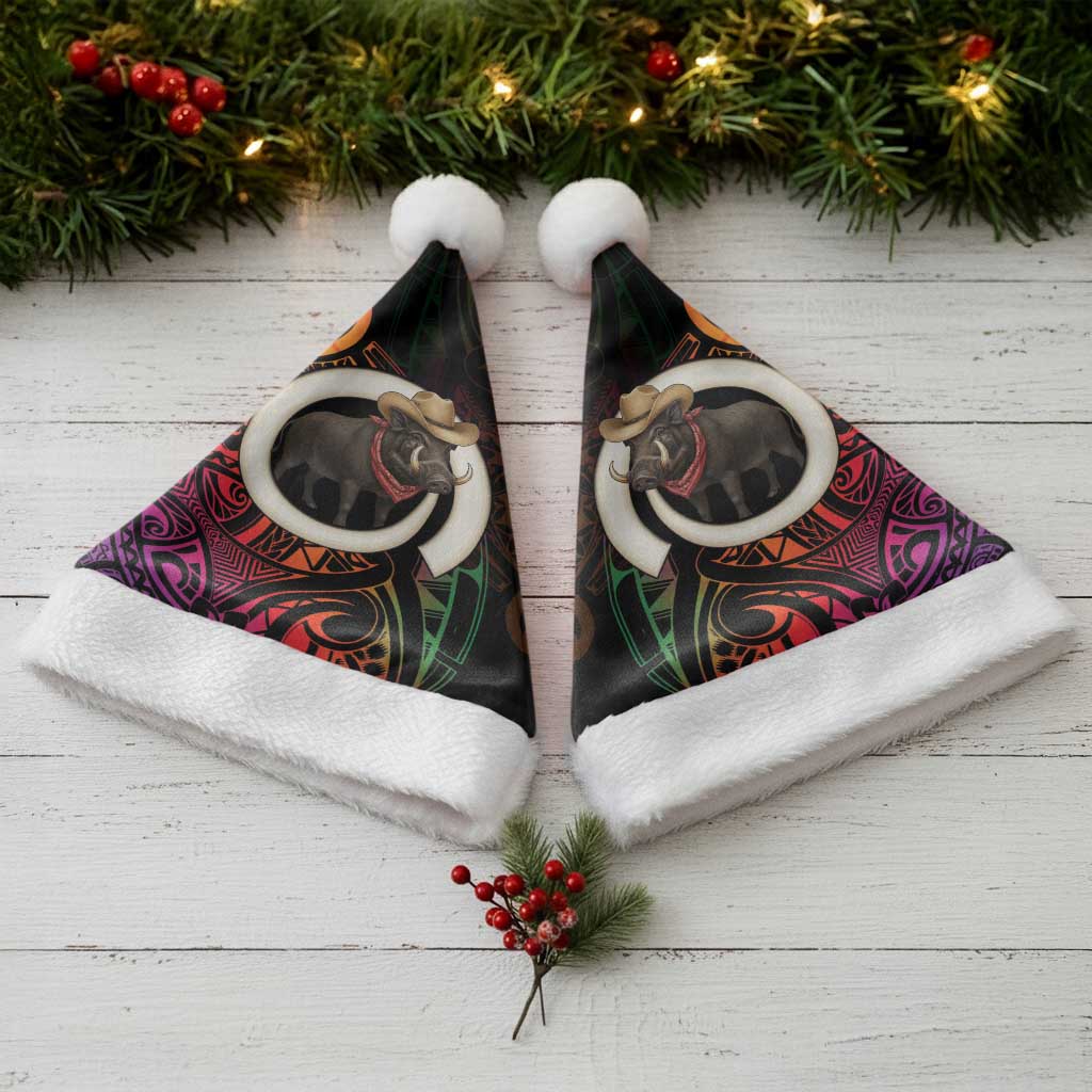 Vanuatu Boar Cowboy Christmas Santa Hat Tusk Gradient Polynesian Pattern - Polynesian Pride