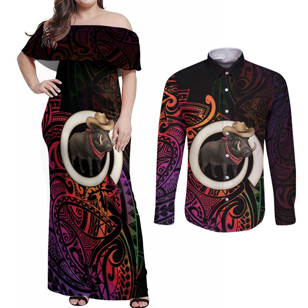 Vanuatu Boar Cowboy Couples Matching Off Shoulder Maxi Dress and Long Sleeve Button Shirt Tusk Gradient Polynesian Pattern - Polynesian Pride