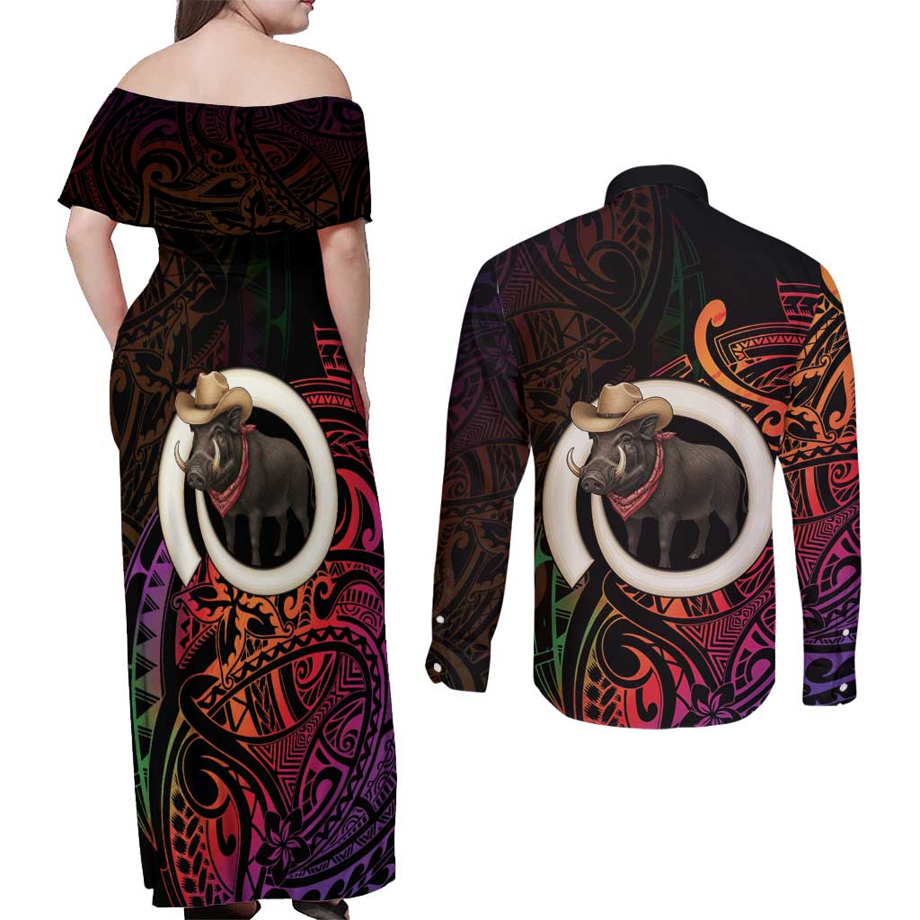 Vanuatu Boar Cowboy Couples Matching Off Shoulder Maxi Dress and Long Sleeve Button Shirt Tusk Gradient Polynesian Pattern - Polynesian Pride
