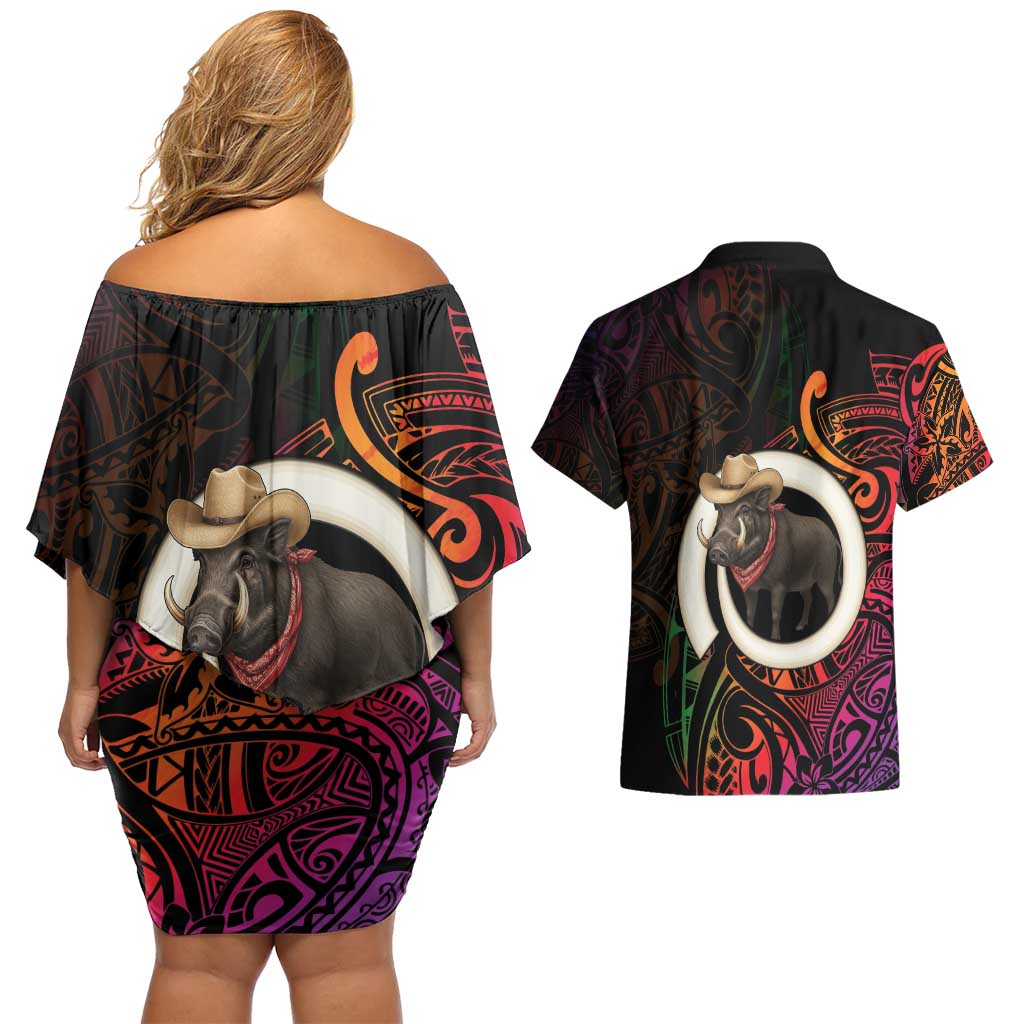 Vanuatu Boar Cowboy Couples Matching Off Shoulder Short Dress and Hawaiian Shirt Tusk Gradient Polynesian Pattern - Polynesian Pride