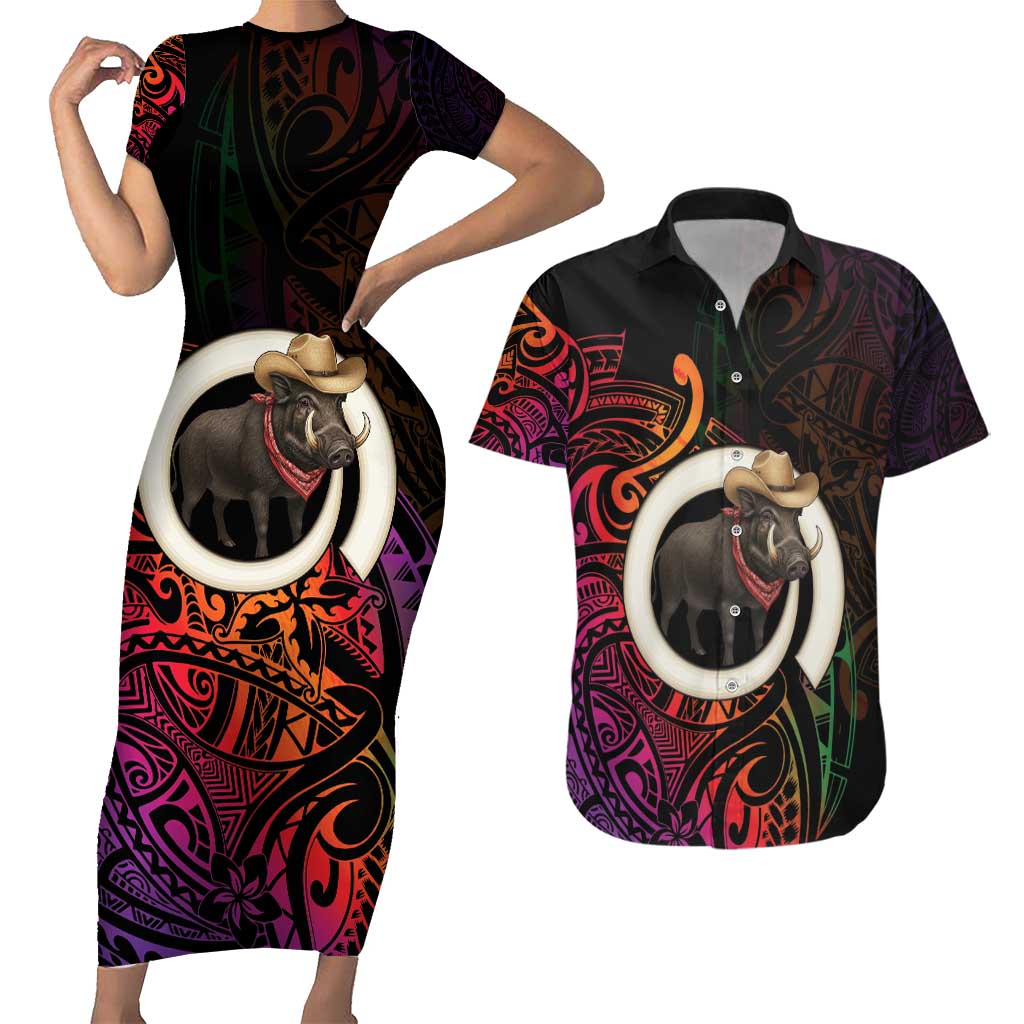 Vanuatu Boar Cowboy Couples Matching Short Sleeve Bodycon Dress and Hawaiian Shirt Tusk Gradient Polynesian Pattern - Polynesian Pride