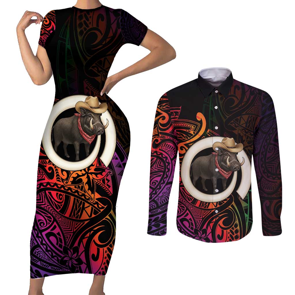 Vanuatu Boar Cowboy Couples Matching Short Sleeve Bodycon Dress and Long Sleeve Button Shirt Tusk Gradient Polynesian Pattern - Polynesian Pride