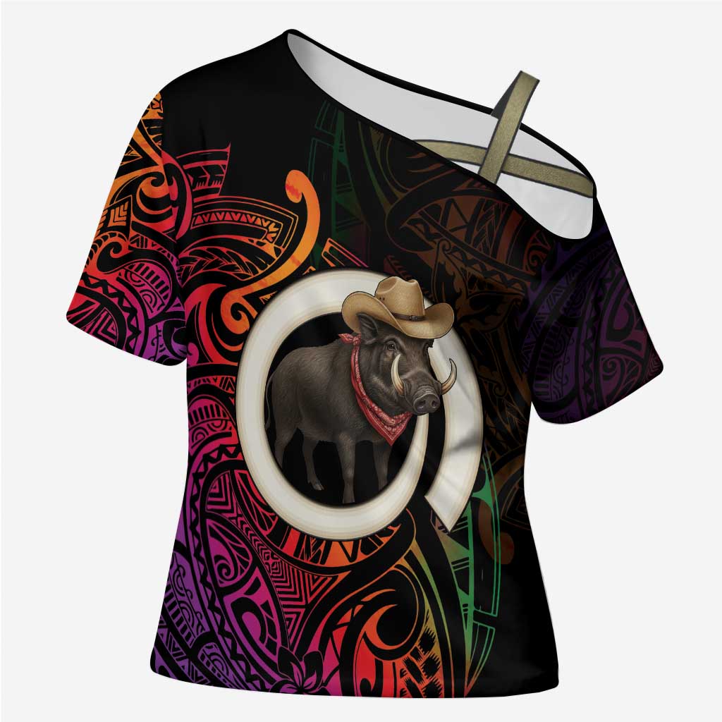 Vanuatu Boar Cowboy Cross Shoulder Shirt Tusk Gradient Polynesian Pattern - Polynesian Pride