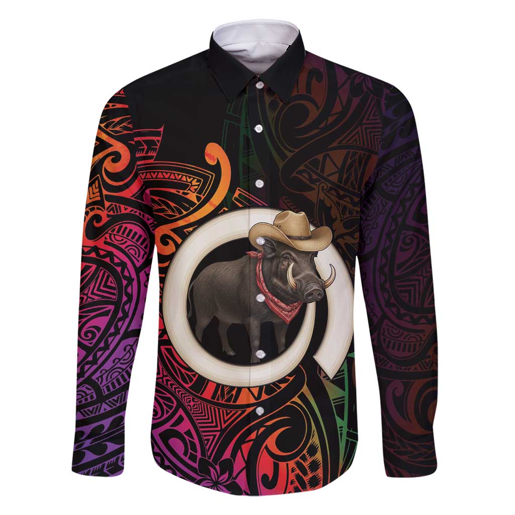 Vanuatu Boar Cowboy Family Matching Mermaid Dress and Hawaiian Shirt Tusk Gradient Polynesian Pattern - Polynesian Pride