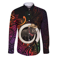 Vanuatu Boar Cowboy Family Matching Mermaid Dress and Hawaiian Shirt Tusk Gradient Polynesian Pattern - Polynesian Pride