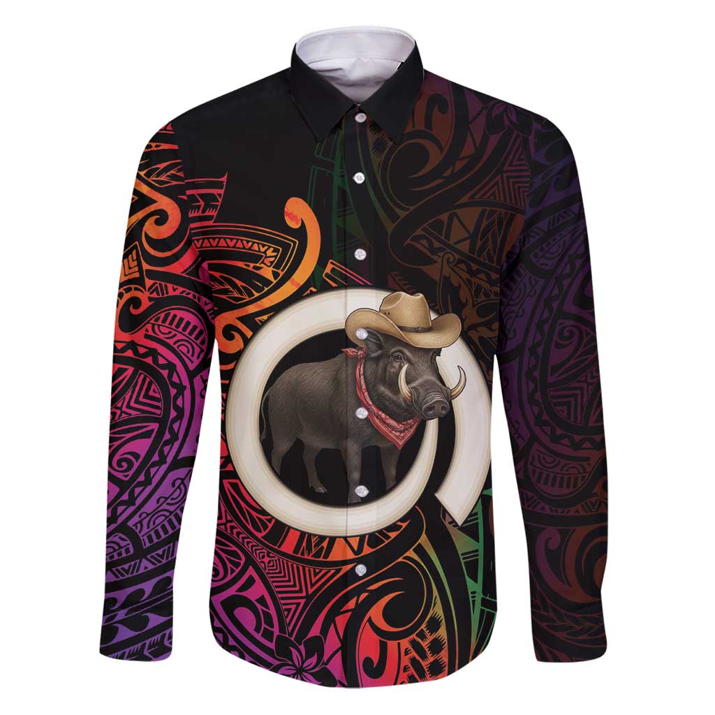 Vanuatu Boar Cowboy Family Matching Puletasi and Hawaiian Shirt Tusk Gradient Polynesian Pattern - Polynesian Pride
