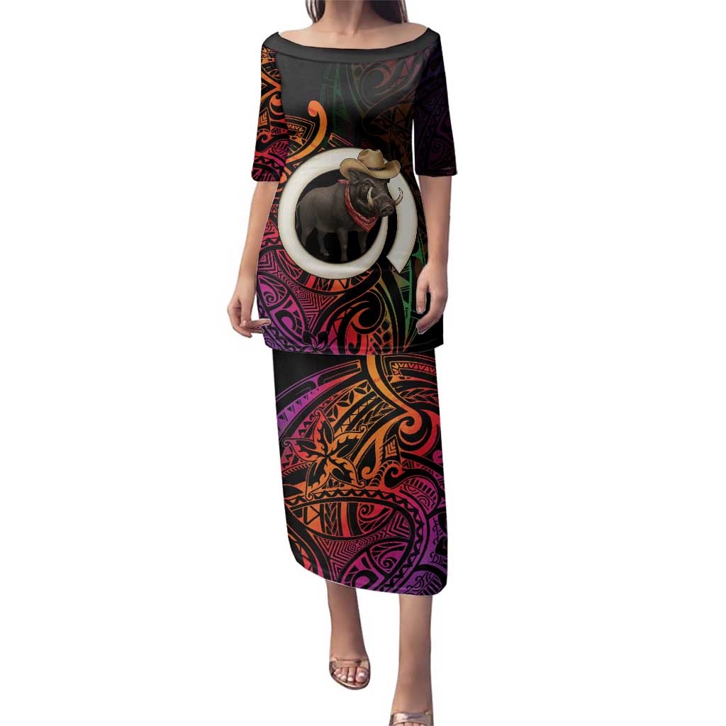 Vanuatu Boar Cowboy Family Matching Puletasi and Hawaiian Shirt Tusk Gradient Polynesian Pattern - Polynesian Pride
