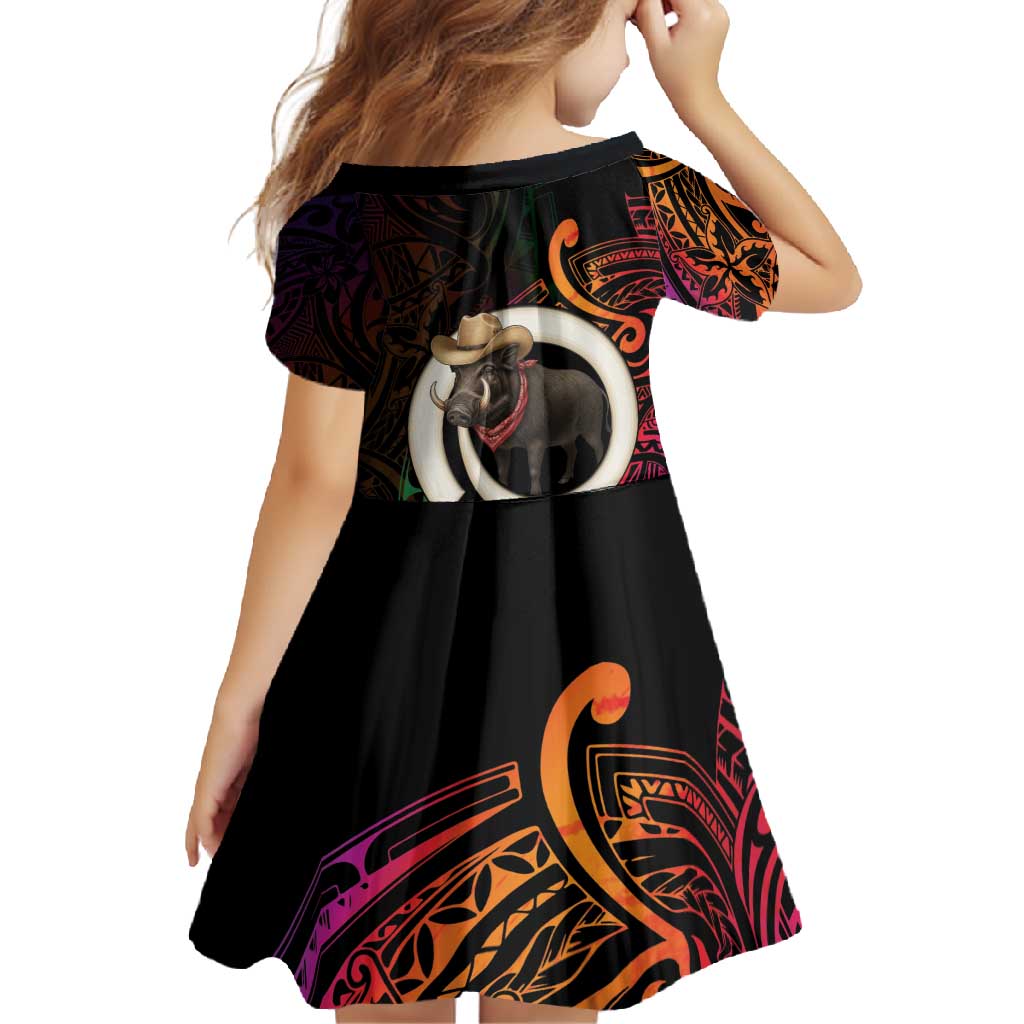 Vanuatu Boar Cowboy Family Matching Short Sleeve Bodycon Dress and Hawaiian Shirt Tusk Gradient Polynesian Pattern - Polynesian Pride