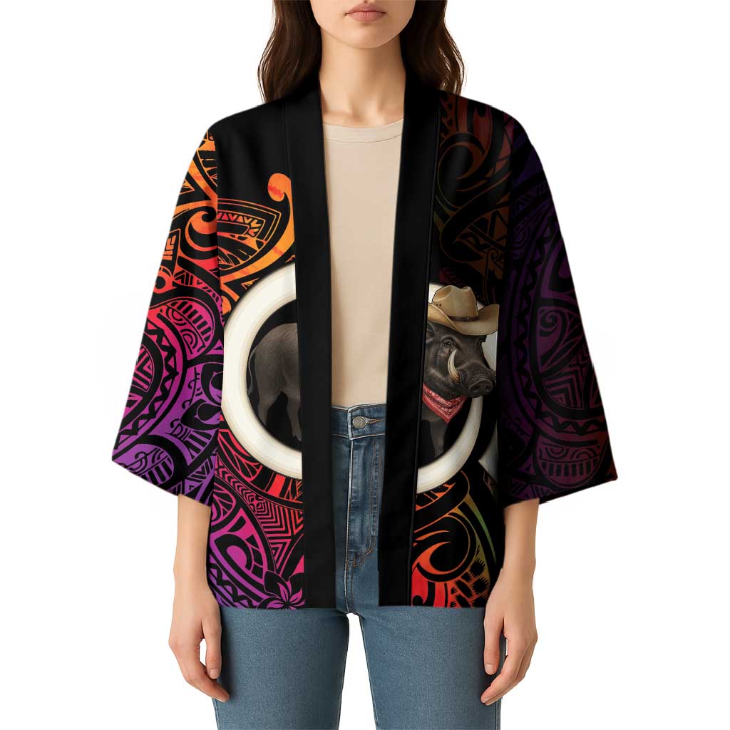 Vanuatu Boar Cowboy Kimono Tusk Gradient Polynesian Pattern - Polynesian Pride