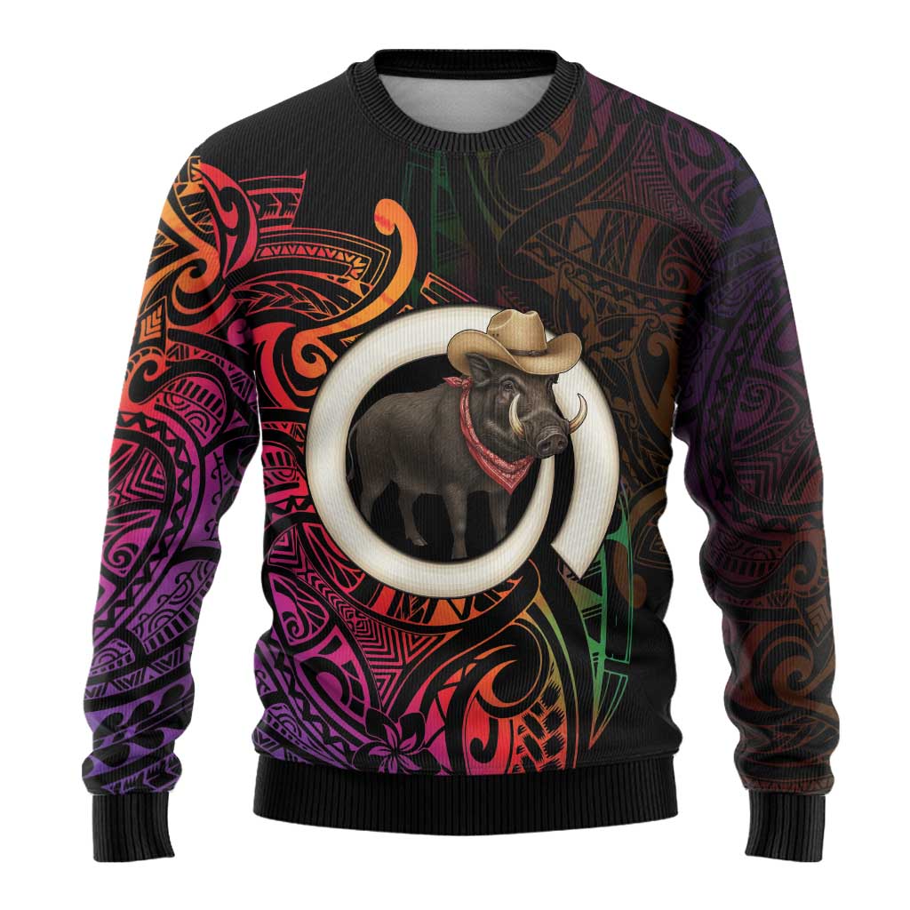 Vanuatu Boar Cowboy Ugly Christmas Sweater Tusk Gradient Polynesian Pattern - Polynesian Pride