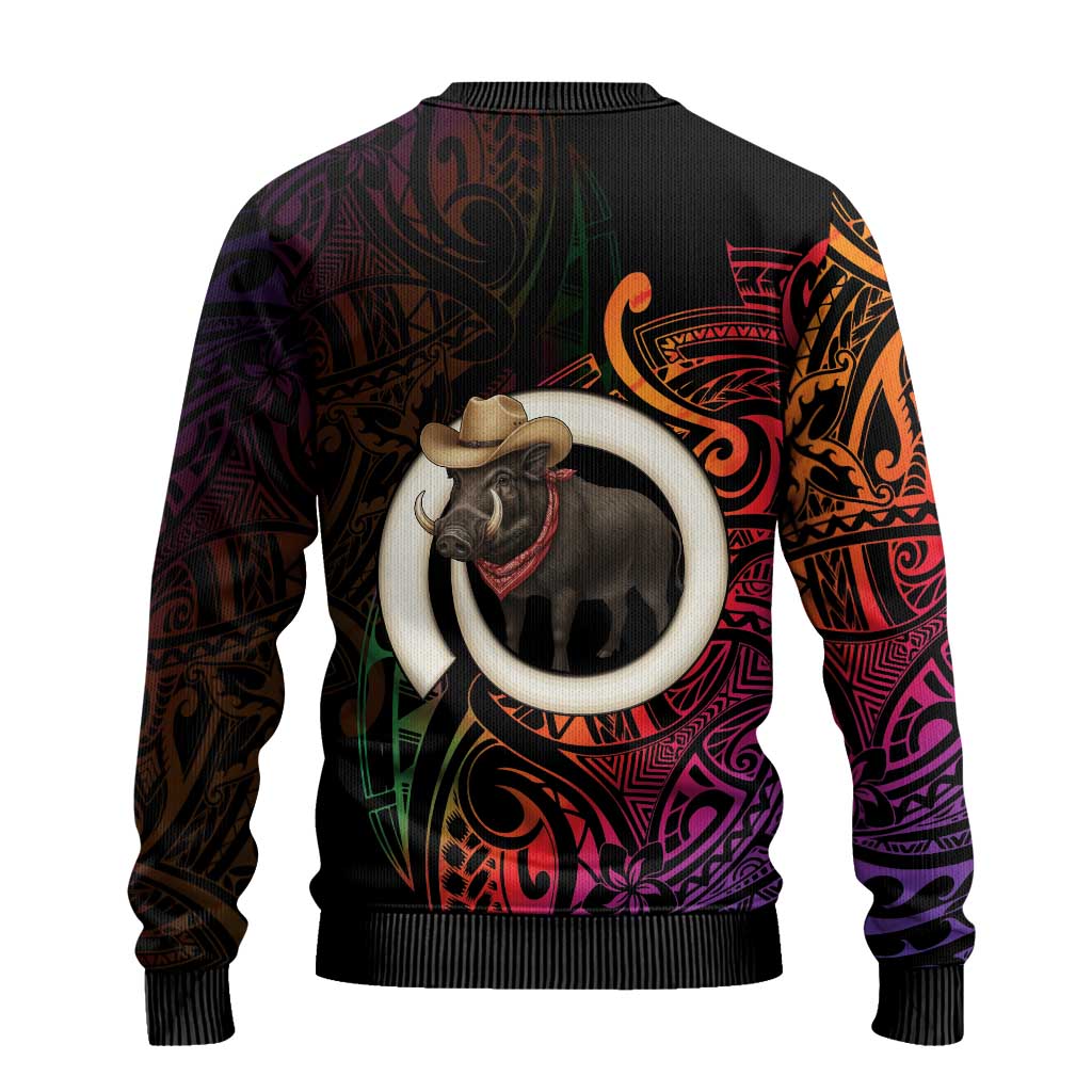 Vanuatu Boar Cowboy Ugly Christmas Sweater Tusk Gradient Polynesian Pattern - Polynesian Pride