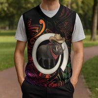 Vanuatu Boar Cowboy Christmas Knitted V-Neck Vest Tusk Gradient Polynesian Pattern - Polynesian Pride