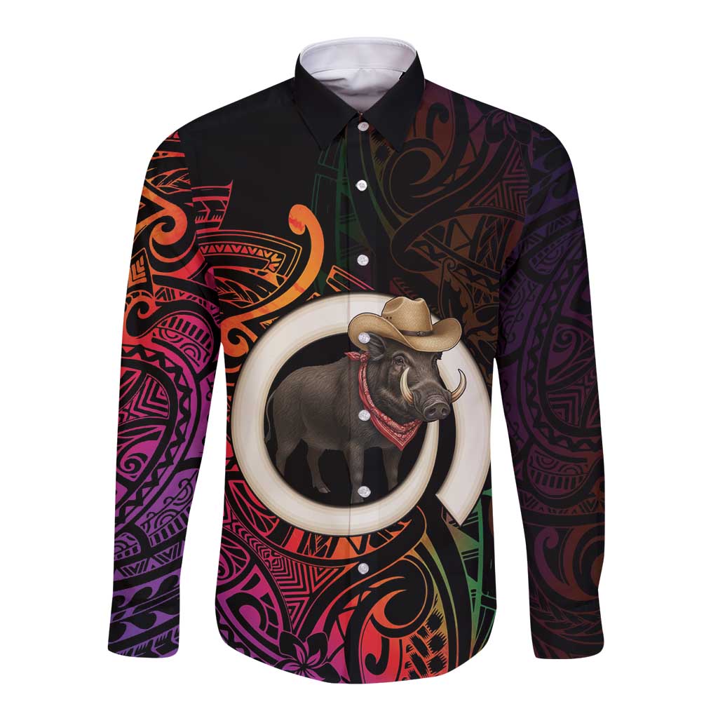 Vanuatu Boar Cowboy Long Sleeve Button Shirt Tusk Gradient Polynesian Pattern - Polynesian Pride