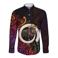 Vanuatu Boar Cowboy Long Sleeve Button Shirt Tusk Gradient Polynesian Pattern - Polynesian Pride