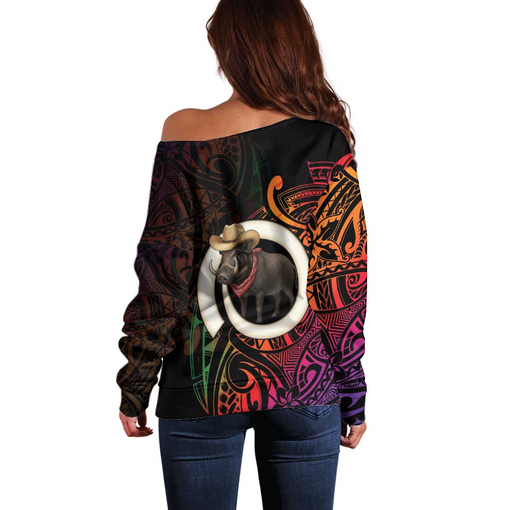 Vanuatu Boar Cowboy Off Shoulder Sweater Tusk Gradient Polynesian Pattern - Polynesian Pride