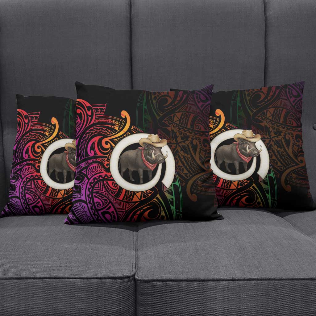 Vanuatu Boar Cowboy Pillow Cover Tusk Gradient Polynesian Pattern - Polynesian Pride