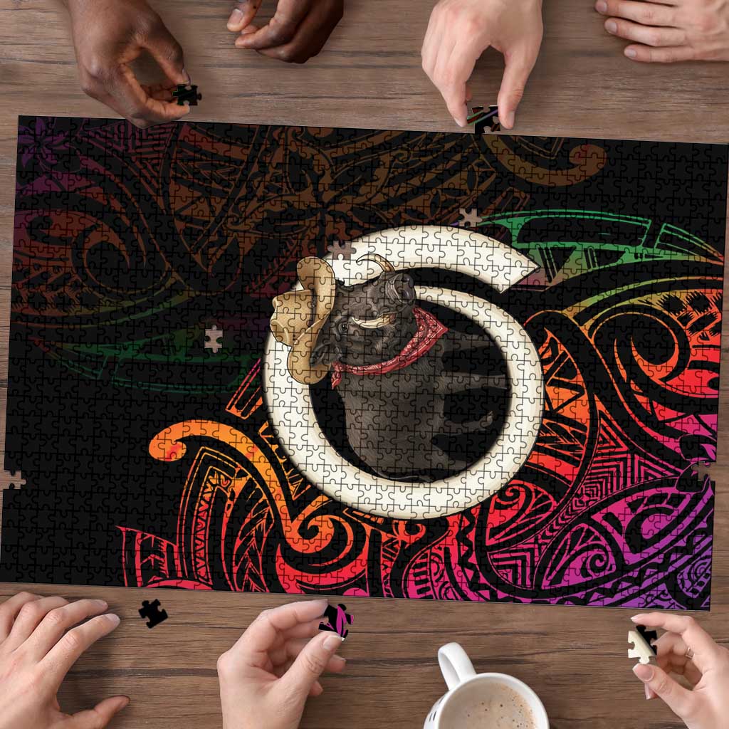 Vanuatu Boar Cowboy Puzzle Tusk Gradient Polynesian Pattern - Polynesian Pride