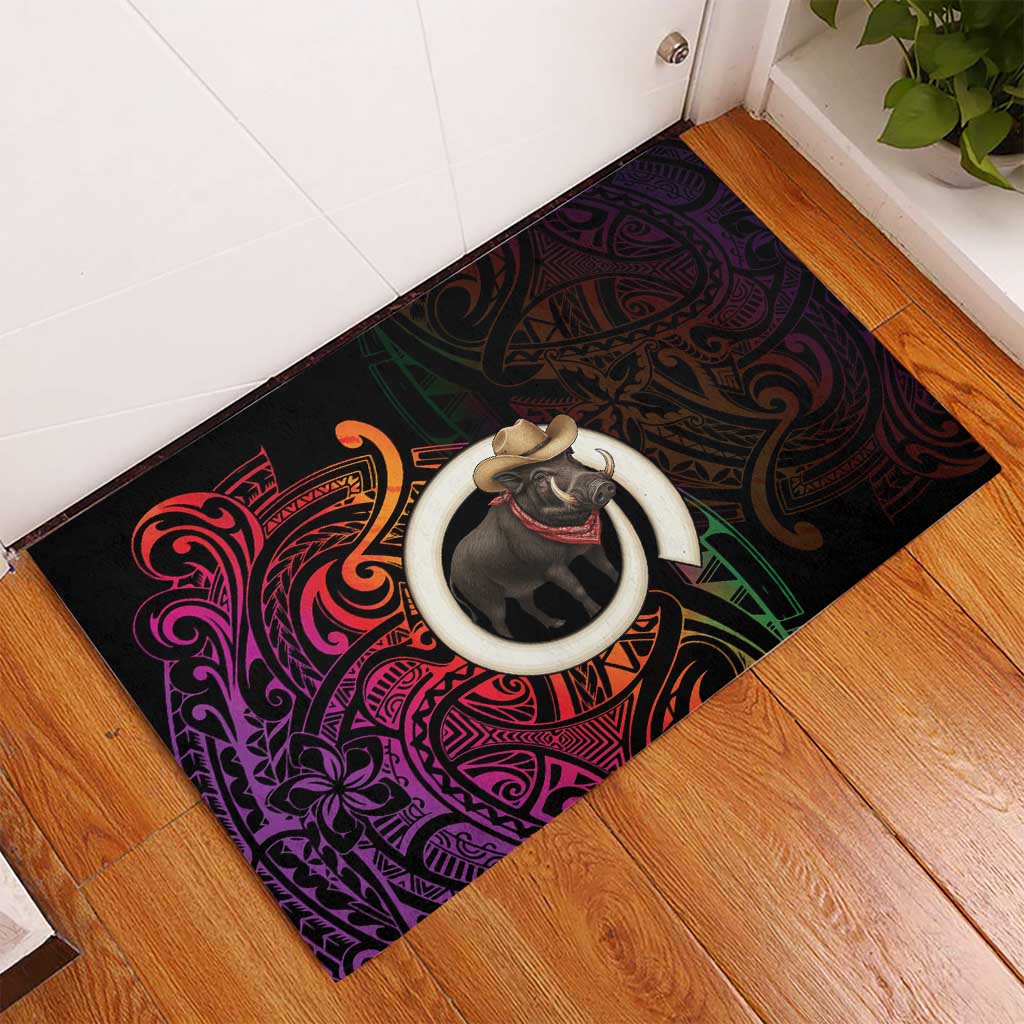 Vanuatu Boar Cowboy Rubber Doormat Tusk Gradient Polynesian Pattern - Polynesian Pride