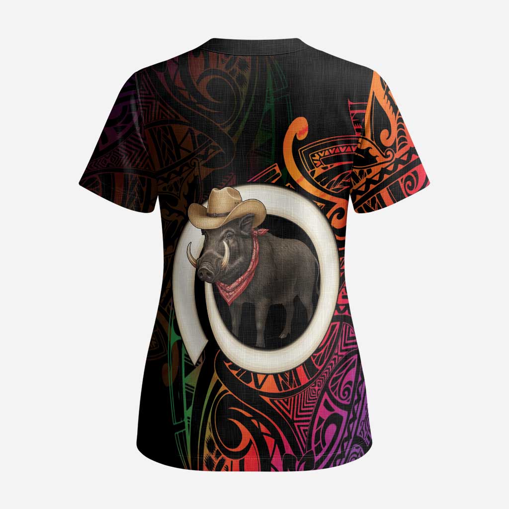 Vanuatu Boar Cowboy Scrub Top Tusk Gradient Polynesian Pattern - Polynesian Pride