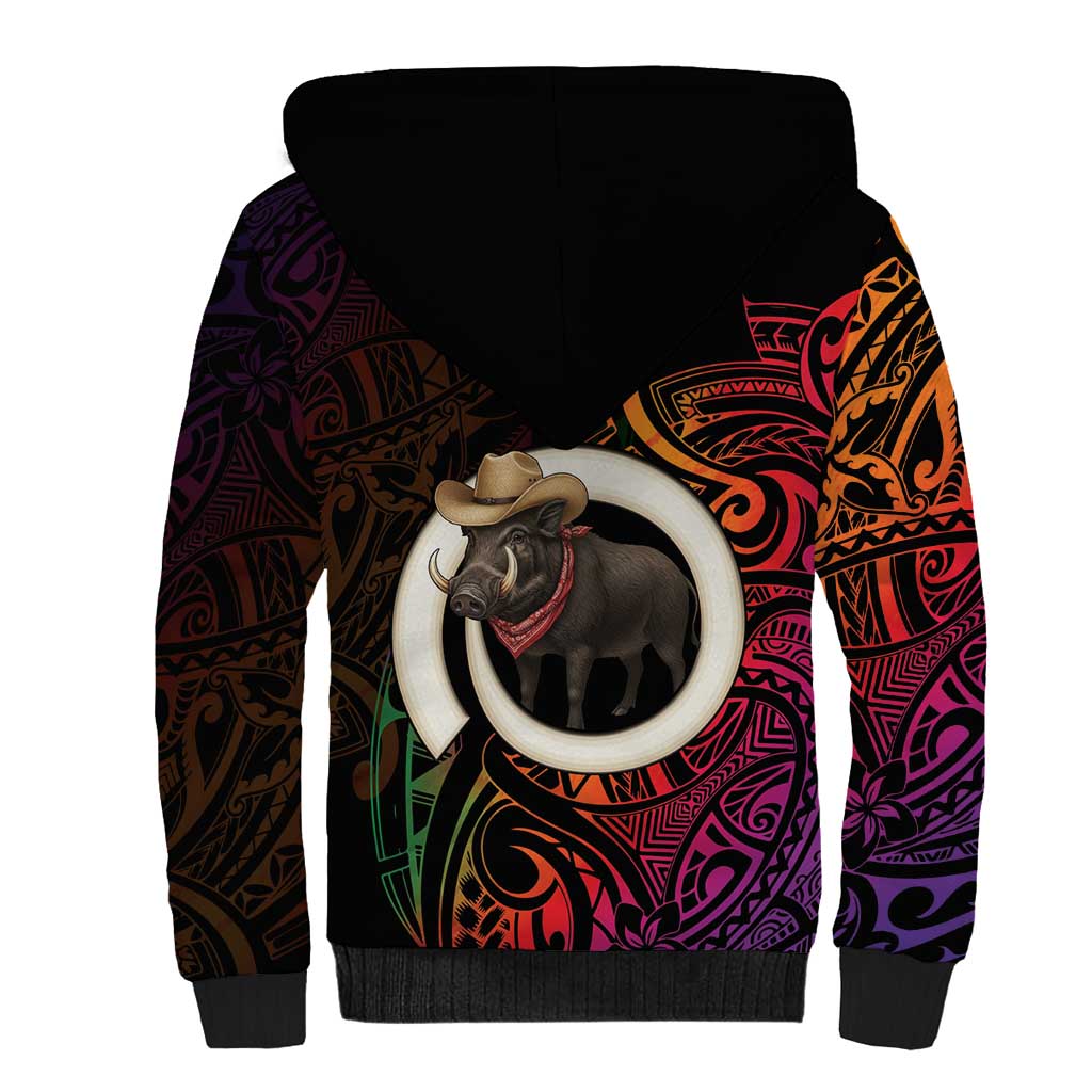 Vanuatu Boar Cowboy Sherpa Hoodie Tusk Gradient Polynesian Pattern - Polynesian Pride