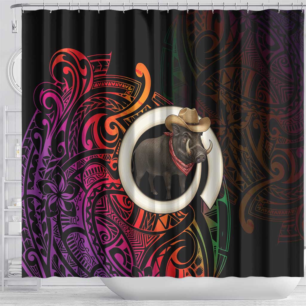 Vanuatu Boar Cowboy Shower Curtain Tusk Gradient Polynesian Pattern - Polynesian Pride