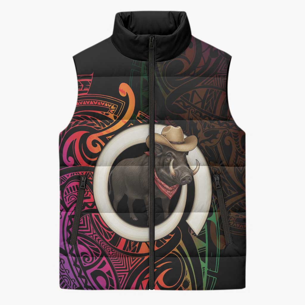 Vanuatu Boar Cowboy Sleeveless Puffer Jacket Tusk Gradient Polynesian Pattern - Polynesian Pride