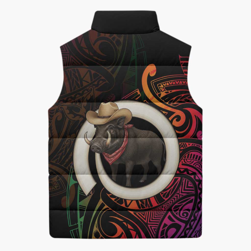 Vanuatu Boar Cowboy Sleeveless Puffer Jacket Tusk Gradient Polynesian Pattern - Polynesian Pride
