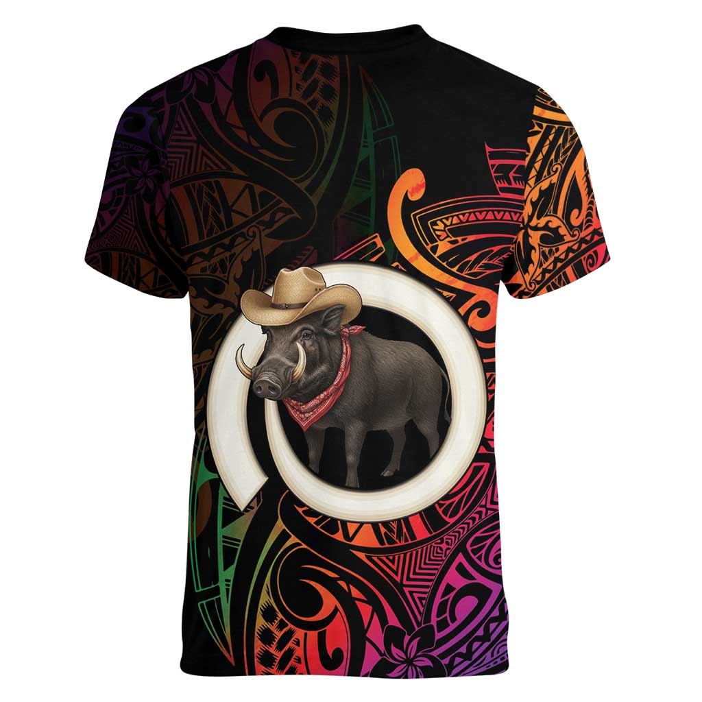 Vanuatu Boar Cowboy Women V-Neck T-Shirt Tusk Gradient Polynesian Pattern - Polynesian Pride