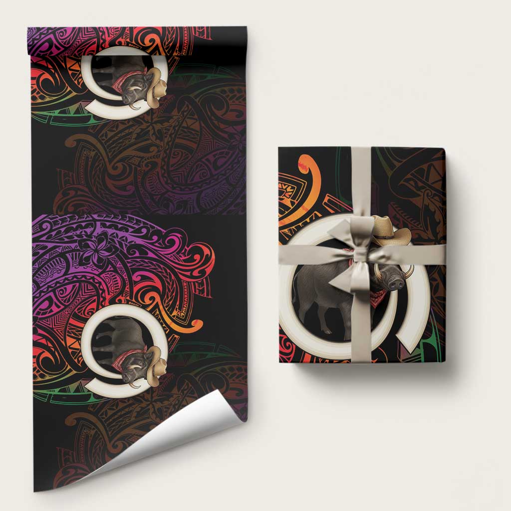 Vanuatu Boar Cowboy Wrapping Paper Tusk Gradient Polynesian Pattern - Polynesian Pride