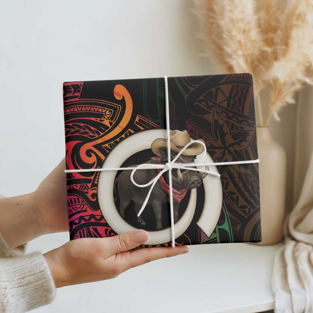 Vanuatu Boar Cowboy Wrapping Paper Tusk Gradient Polynesian Pattern - Polynesian Pride