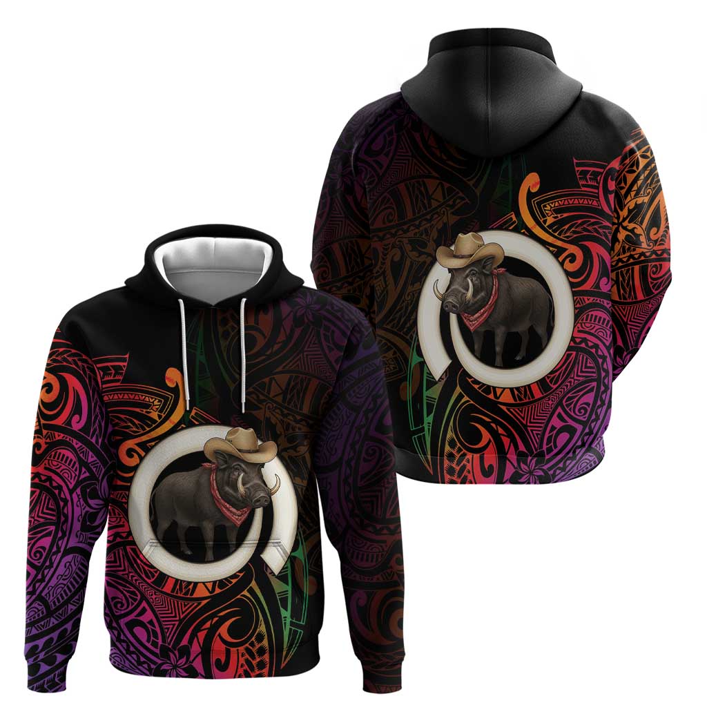Vanuatu Boar Cowboy Zip Hoodie Tusk Gradient Polynesian Pattern - Polynesian Pride