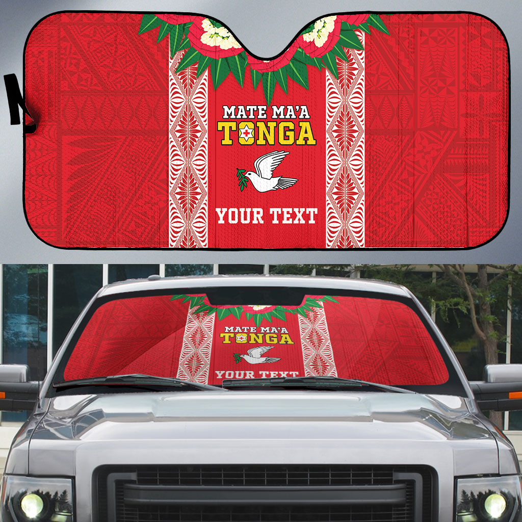 Mate Ma'a Tonga Rugby Custom Auto Sun Shade Tongan Kahoa Lei Ngatu Pattern Red LT14 Red - Polynesian Pride