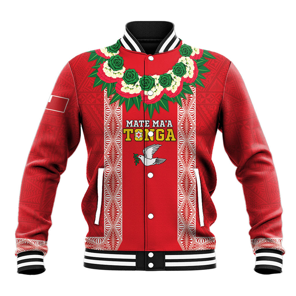 Mate Ma'a Tonga Rugby Custom Baseball Jacket Tongan Kahoa Lei Ngatu Pattern Red LT14 Unisex Red - Polynesian Pride