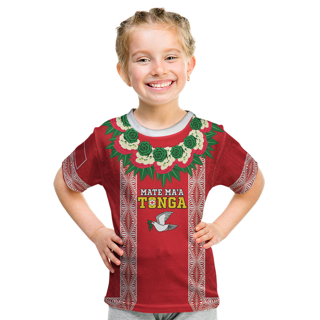 Mate Ma'a Tonga Rugby Custom Kid T Shirt Tongan Kahoa Lei Ngatu Pattern Red LT14 Red - Polynesian Pride
