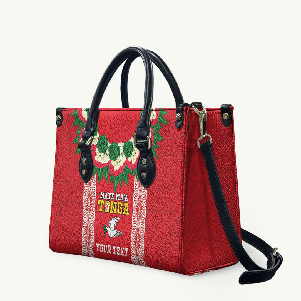 Mate Ma'a Tonga Rugby Custom Leather Bag Tongan Kahoa Lei Ngatu Pattern Red