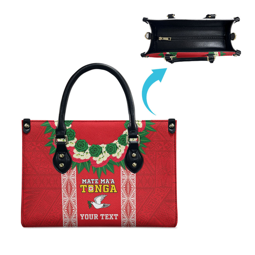 Mate Ma'a Tonga Rugby Custom Leather Bag Tongan Kahoa Lei Ngatu Pattern Red