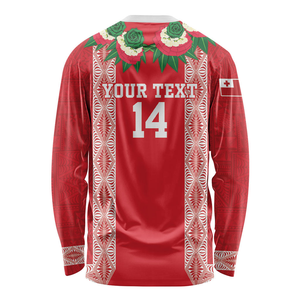 Mate Ma'a Tonga Rugby Custom Long Sleeve Shirt Tongan Kahoa Lei Ngatu Pattern Red LT14 - Polynesian Pride