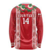 Mate Ma'a Tonga Rugby Custom Long Sleeve Shirt Tongan Kahoa Lei Ngatu Pattern Red LT14 - Polynesian Pride
