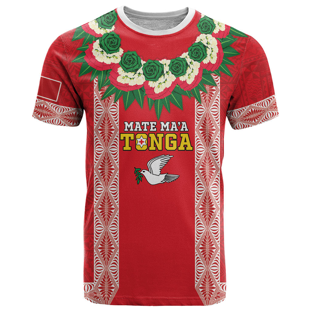 Mate Ma'a Tonga Rugby Custom T Shirt Tongan Kahoa Lei Ngatu Pattern Red LT14 Red - Polynesian Pride
