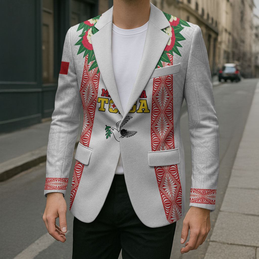 Mate Ma'a Tonga Rugby Custom Blazer Tongan Kahoa Lei Ngatu Pattern White LT14 - Polynesian Pride
