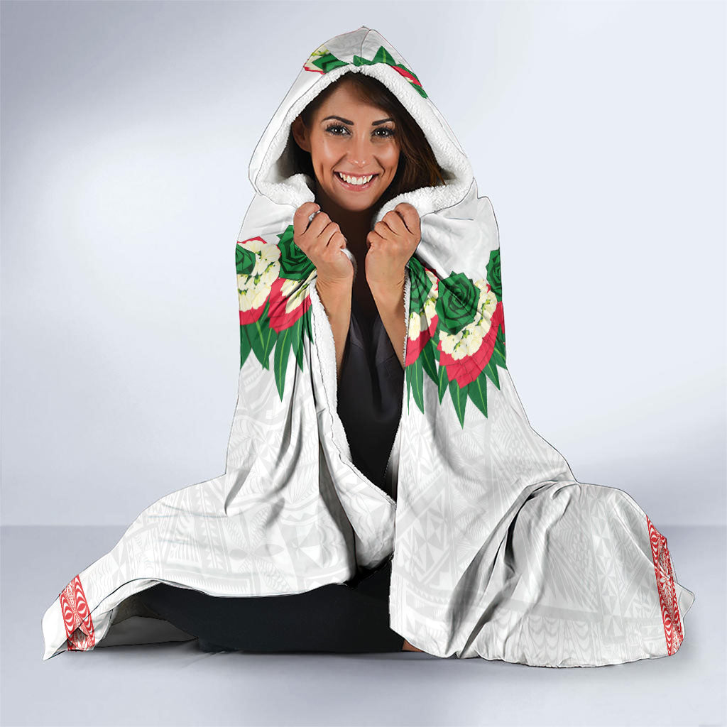 Mate Ma'a Tonga Rugby Custom Hooded Blanket Tongan Kahoa Lei Ngatu Pattern White LT14 - Polynesian Pride