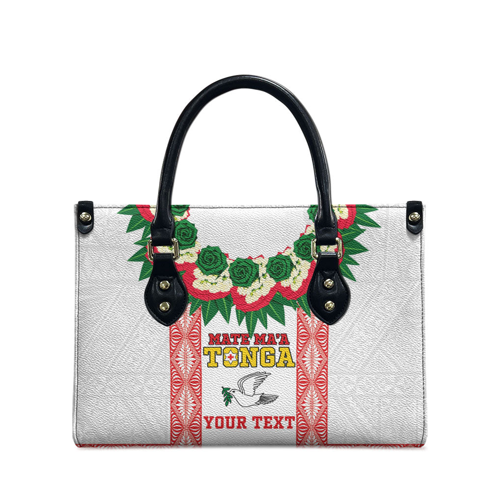 Mate Ma'a Tonga Rugby Custom Leather Bag Tongan Kahoa Lei Ngatu Pattern White