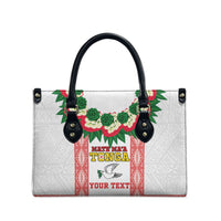 Mate Ma'a Tonga Rugby Custom Leather Bag Tongan Kahoa Lei Ngatu Pattern White
