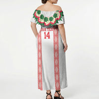 Mate Ma'a Tonga Rugby Custom Off Shoulder Maxi Dress Tongan Kahoa Lei Ngatu Pattern White LT14 - Polynesian Pride