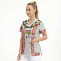 Mate Ma'a Tonga Rugby Custom Scrub Top Tongan Kahoa Lei Ngatu Pattern White LT14 - Polynesian Pride