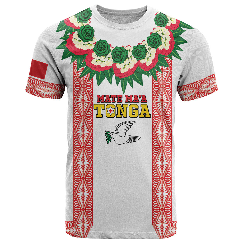 Mate Ma'a Tonga Rugby Custom T Shirt Tongan Kahoa Lei Ngatu Pattern White LT14 White - Polynesian Pride