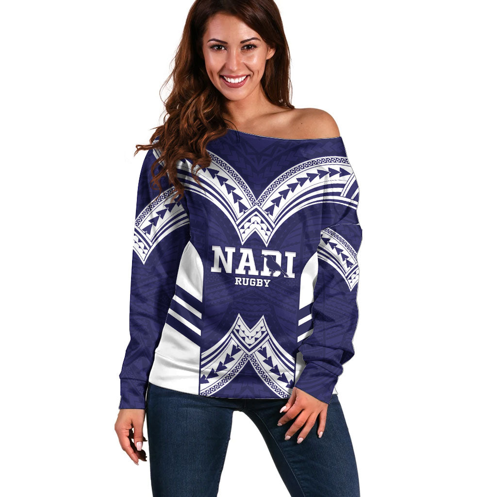 Fiji Nadi Rugby Custom Off Shoulder Sweater Kikau O Nadi Ko LT14 Women Blue - Polynesian Pride