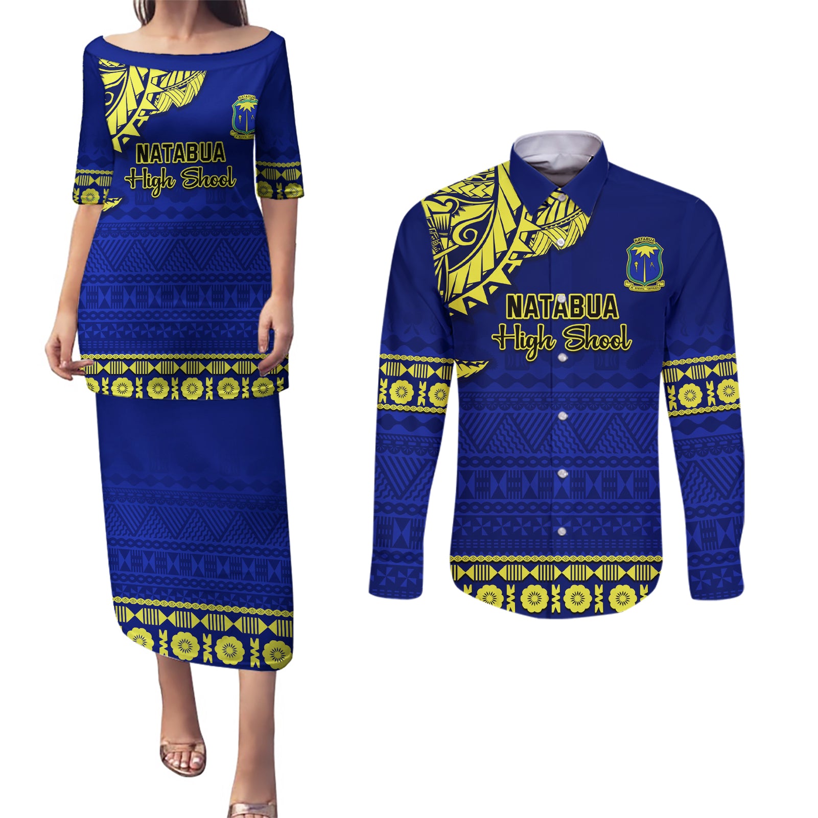 Personalised Fiji Natabua High School Couples Matching Puletasi Dress and Long Sleeve Button Shirt Fijian Tapa Pattern LT14 Blue - Polynesian Pride