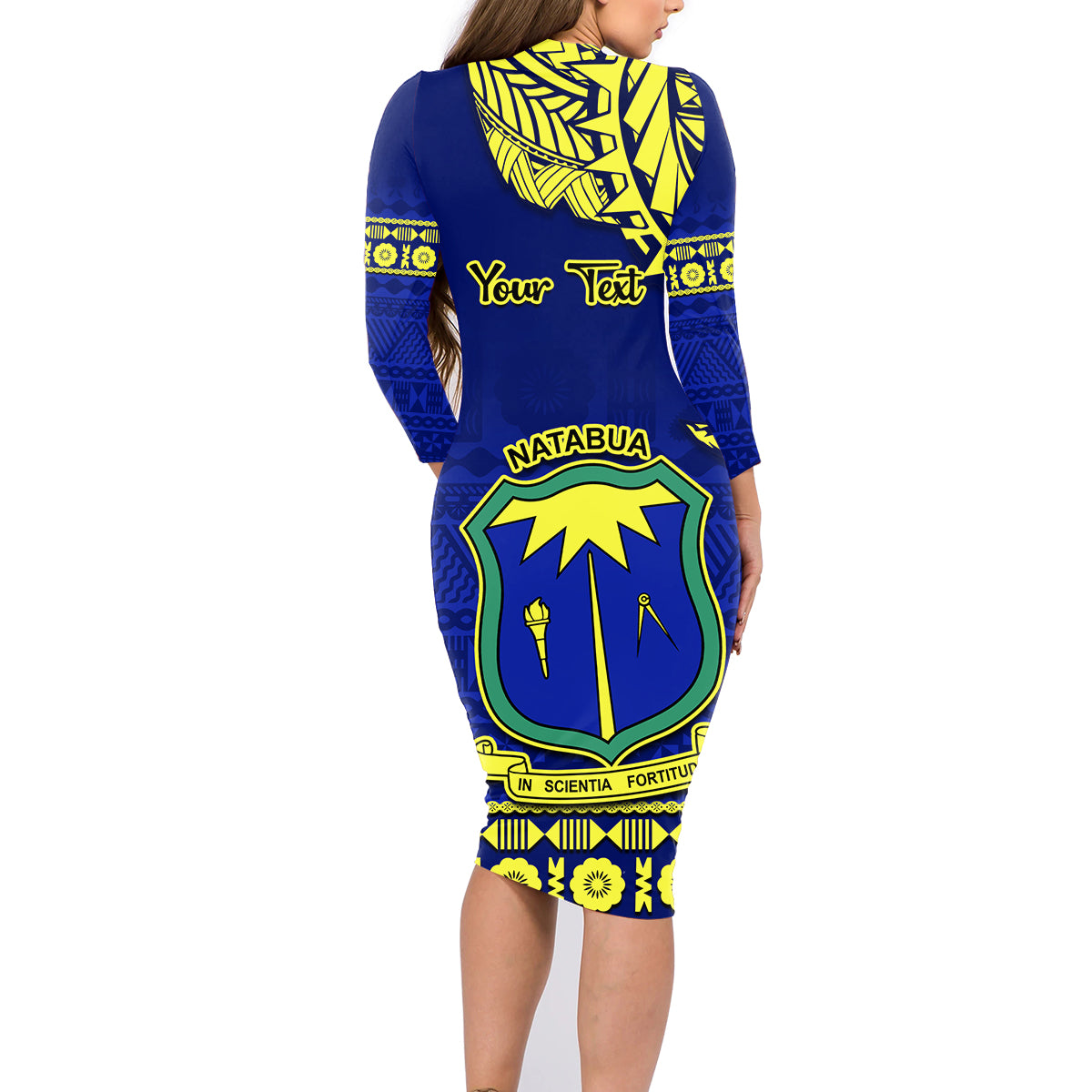Personalised Fiji Natabua High School Family Matching Long Sleeve Bodycon Dress and Hawaiian Shirt Fijian Tapa Pattern LT14 - Polynesian Pride